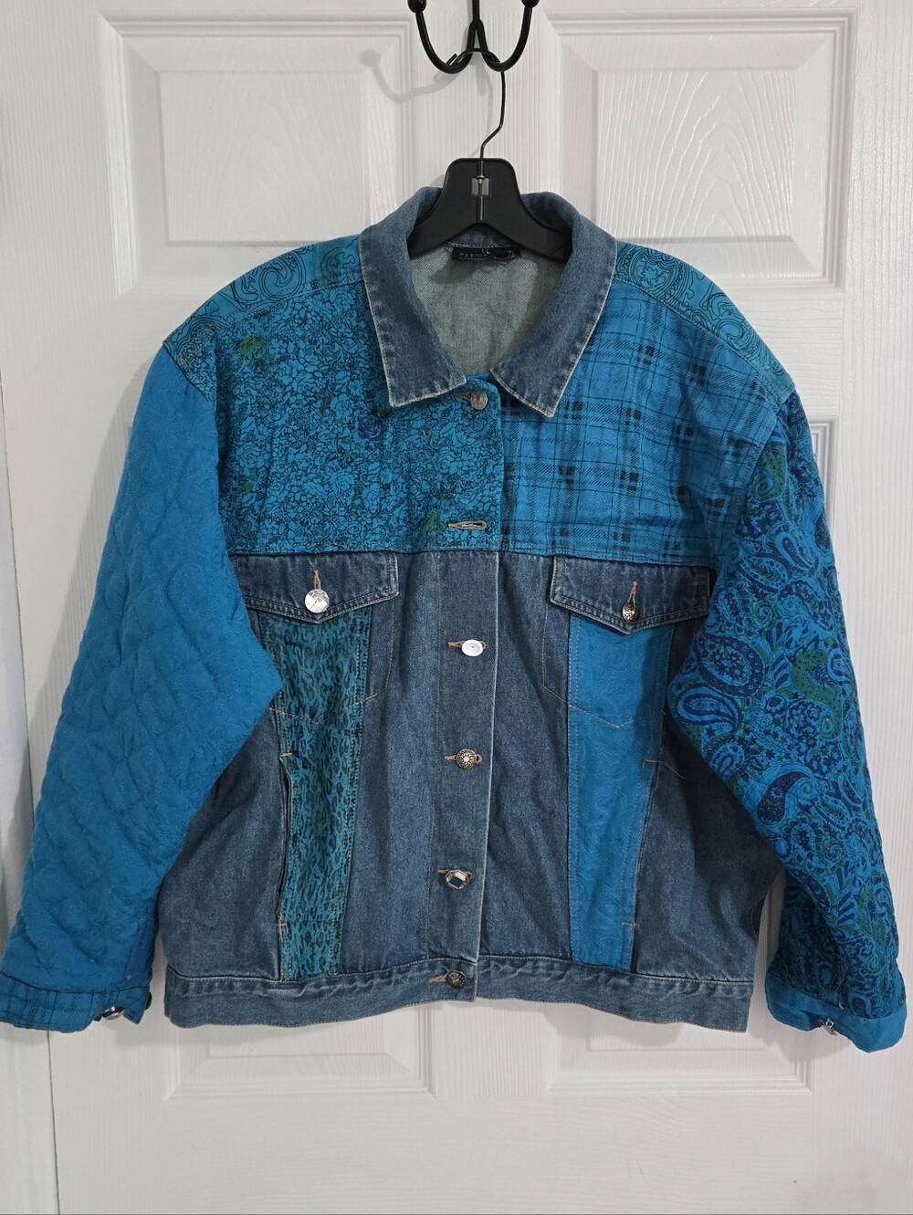 Carole Little Sport Denim Jacket 14 Blue Patchwork Paisley Boho Y2K